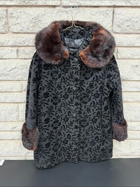 1950s Mink Fur Trim Black Tapestry Coat Women's Jacket